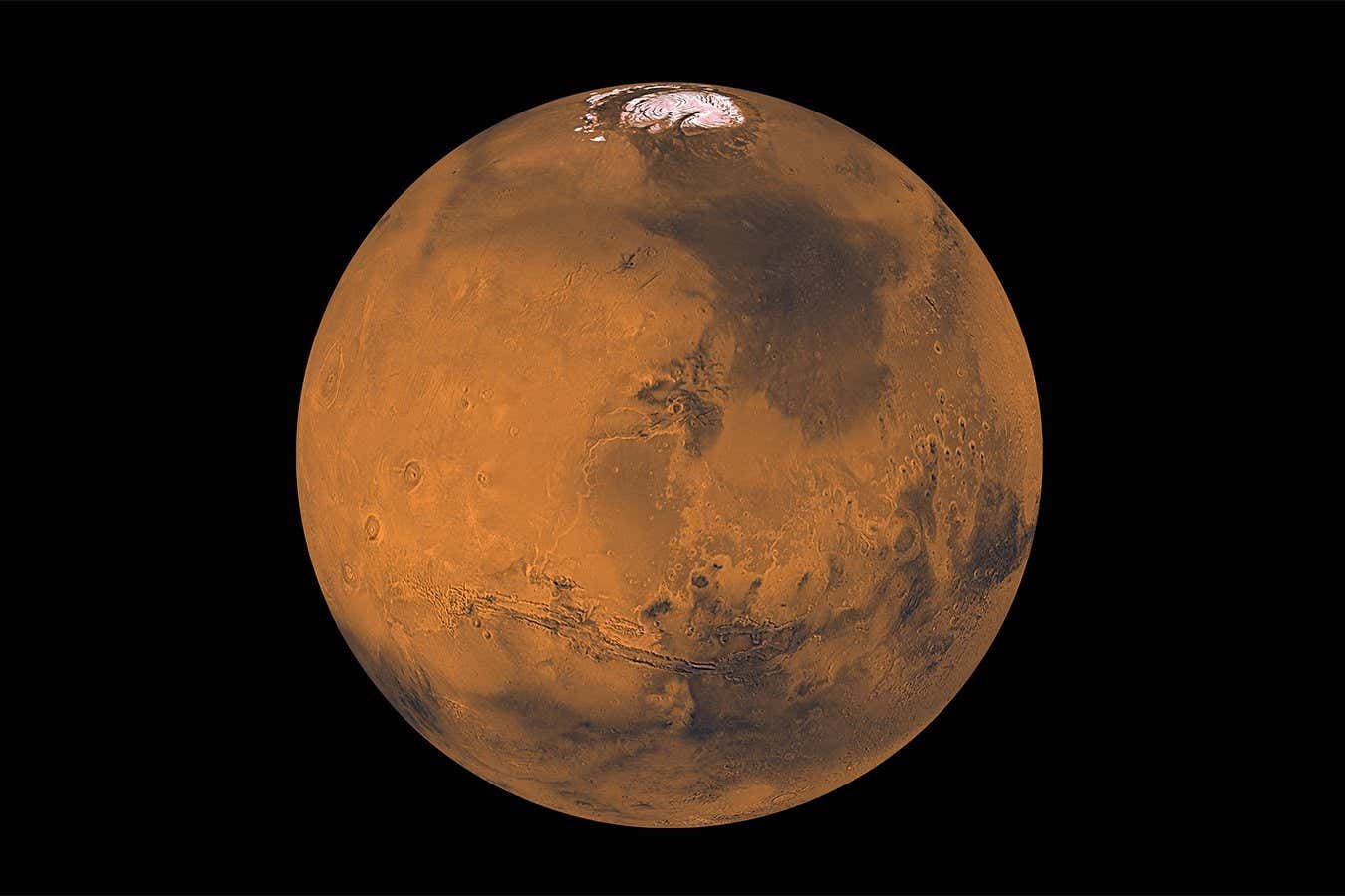 Image of Mars showing the Acidalia Planitia as a darker region towards the top right